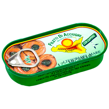 Fillets of anchovies rolled up with capers - can Pesce Azzurro